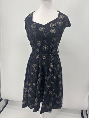 Black Midi Dress with Gold Floral Motif and Self Tie Belt